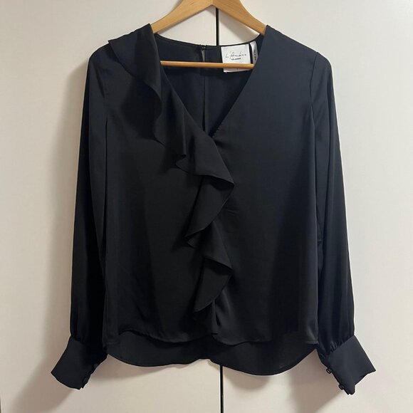 NWT Revolve L'Academie Ruffle Blouse V Neck Long Sleeve Top Size Small Black - Picture 5 of 15